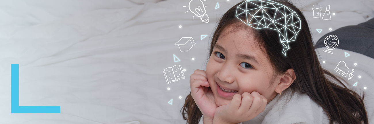 Smiling child with line outline of brain