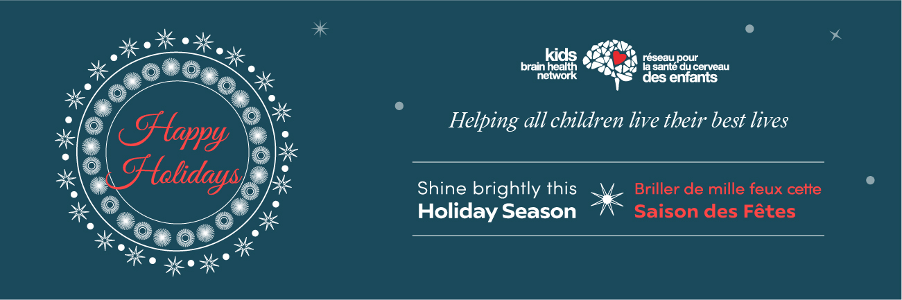 A holiday card with white stars and circles on a Prussian blue background, and a short message saying, "Shine brightly this Holiday Season" in both English and French