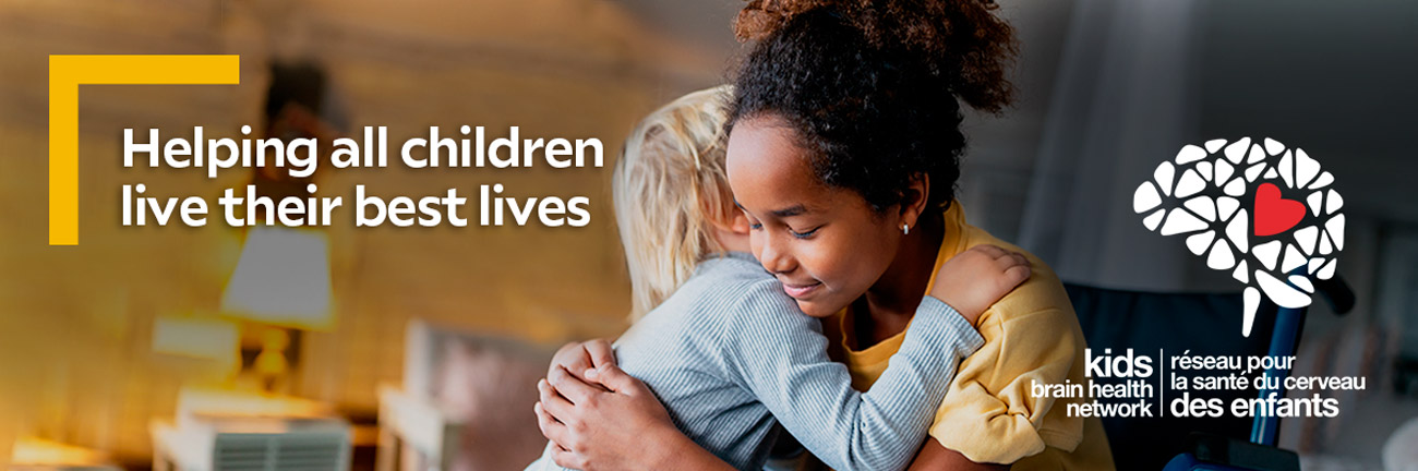 Two children hugging each other while one sits on a wheelchair, overlaid with the KBHN logo and tagline