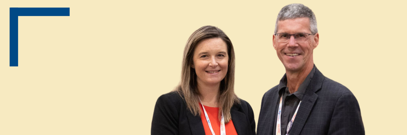 Dr. Jennifer Zwicker and Dr. James Reynolds are smiling at the camera on a yellow background.